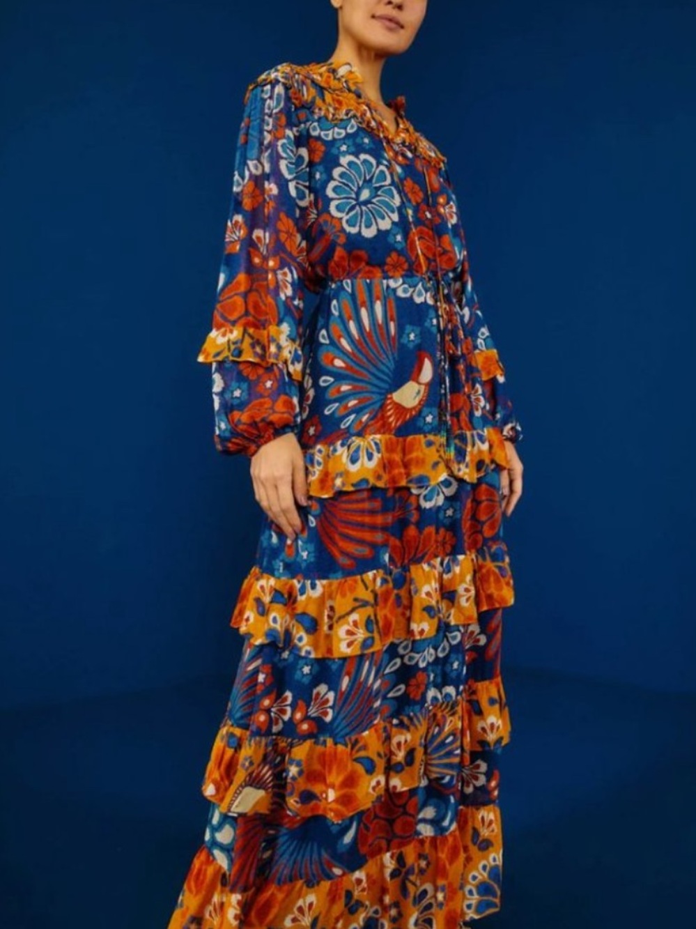Farm Rio Anthropologie Women’s Mixed Pineapple Flowers Ruffle Maxi Dress Size S